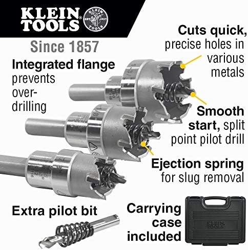 Klein Tools 31872 Kit de cortador de orifícios pesados, inclui cortadores de orifícios de carboneto e bit piloto