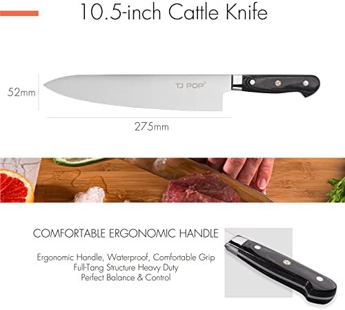 TJ Pop Gyuto Chef Faca 10,6 polegadas, faca de sushi japonesa profissional, full-tang projetado, lâmina de aço carbono