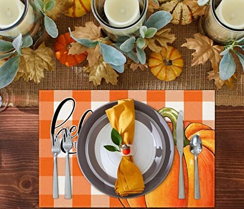 Fall Orange Pumpkin Placemats para mesa de jantar, 12 x 18 polegadas laranja búfalo verifique setono Ação de ação de graças decoração sazonal decoração rústica lavável tapetes de mesa conjunto de 4