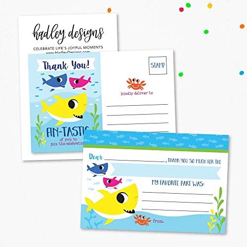 25 Baby Shark Pool Party preenche as crianças em branco Cartões de agradecimento, peixe de praia Ocean Time Summer Bday Notes,