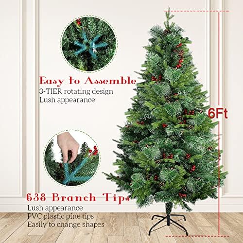 Árvore de Natal de 6ft/1,8m Hcy, árvore de Natal artificial com agulhas de pinheiro misto, bagas vermelhas e dobradiças de