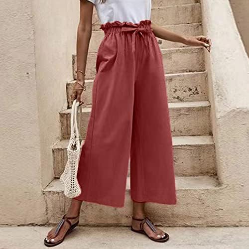 Calça de golfe de cor sólida de linho mackneog para mulheres largura de perna larga feminina capris para calças de verão de verão
