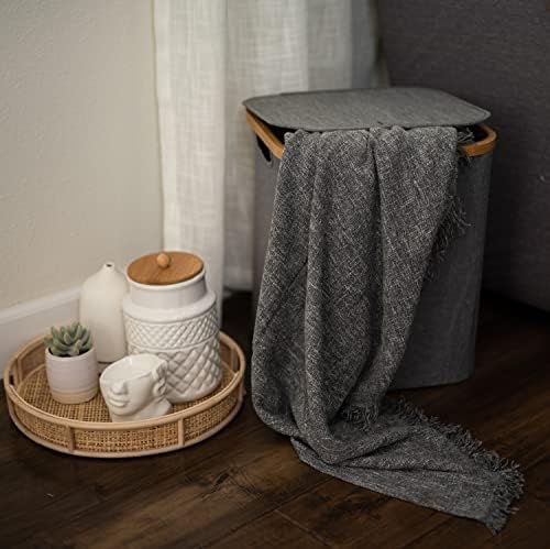 Quadro de armação de bambu dobrável quadrado cesto de lavanderia com tampa, cesta de roupas sujas, roupas de roupa de lavanderia
