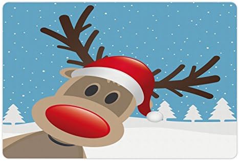 Ambsosonne Christmas Pet Tapete Para comida e água, rena Rudolph com nariz vermelho e chapéu de Papai Noel Floresta de neve, retângulo de borracha sem deslizamento para cães e gatos, marrom pálido pálido azul pálido marrom pálido marrom