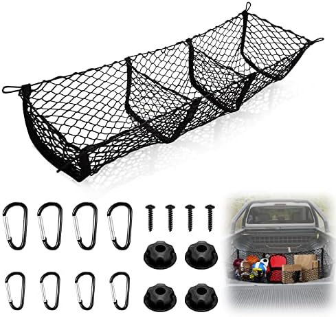 Organizador da cama de tronco da rede de carga, 53,1 × 11,8 polegadas de 3 polegadas 3 bolso Organizador da rede, rede de armazenamento de malha preta com ganchos parafusos de botões para SUV, coleta, carro, cama de caminhão