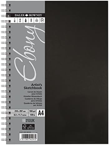 Daler-Rowney Ebony 160GSM A4 Retrato levemente texturizado Sketchbook, Spiral Bound, 50 lençóis brancos, ideal para