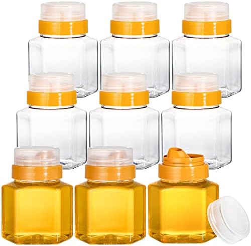 Zenfun 9 pacote de 12 oz garrafas de mel de plástico com tampas de refluxo duplo, frascos de armazenamento de mel recipientes reabastecidos