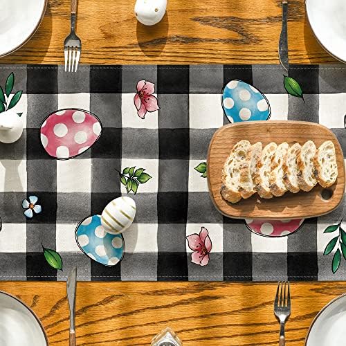 Modo Artóide Buffalo Plaid Bunny Egg Flowers Happy Table Runner, Decoração sazonal de mesa de jantar de cozinha de primavera para decoração de festa em casa 13x72 polegadas