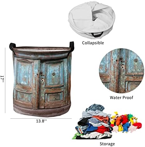 Cestas de armazenamento de lavanderia cestas de armazenamento vintage de madeira de madeira azul pintada textura de madeira pintada de roupas de cesta de roupas prejudiciais a água para o quarto 13,8x17 polegadas