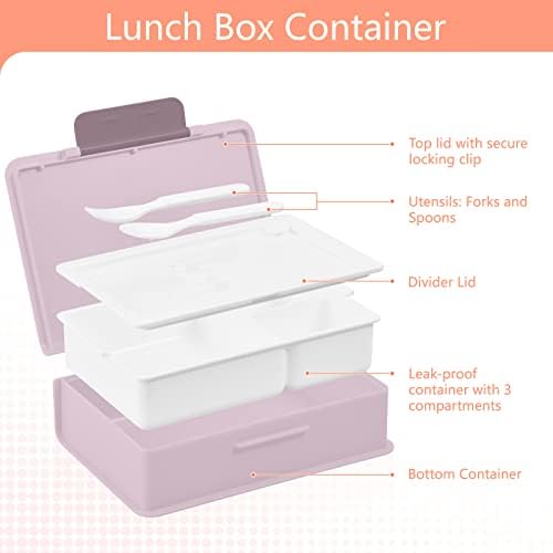 Kigai Pink Flower & Leaf Lunch Box Recipiente de 1000ml Bento Caixa com Spoon Forks 3 Compartamentos Recipientes de Armazenamento de Alimentos Para Adultos, Rosa
