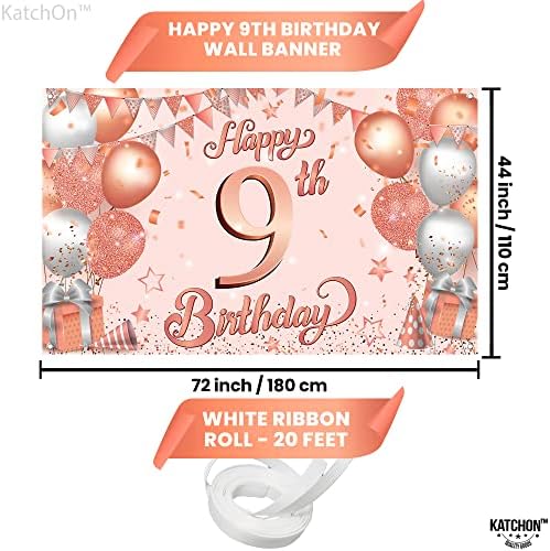 Katchon, grande faixa feliz do 9º aniversário - 72 x 44 polegadas | Rose Gold Happy 9th Birthday Decorações para meninas | Decorações de festas de 9º aniversário para menina de 9 anos aniversário | 9ª Festa de Aniversário Supplies