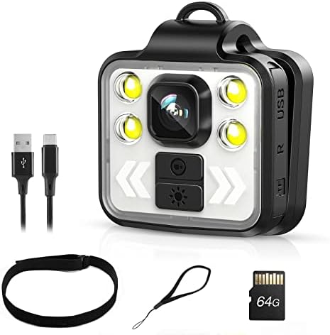LOSFOM Z03 Câmera de vídeo corporal Recorder, câmera desgastada corporal de 1080p com brilho LED, cartão de 64g incluiu