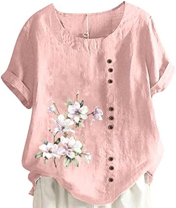 2023 Botão de algodão de linho de manga curta para cima Up Floral Graphic Grandized Lounge Blouse Shirt for Women