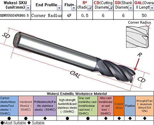 Wokesi 3mmcutting di, 4mmshank, 50mmOal, 0,5 cr, 30 ° helix, hrc55,4flutes, tialn revestido, carboneto sólido, raio de canto de canto de encerramento de encerramento Ferramentas de roteador cnc cnc bits