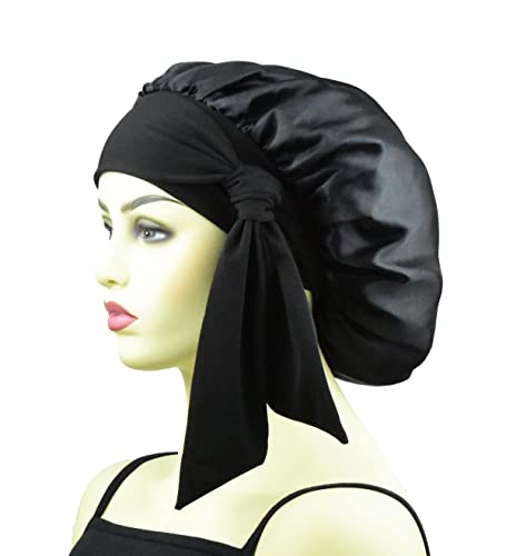 Capotas de seda capota de cetim para mulheres capas cacheadas capas de cabelo de dormir grandes gorros de seda de boné noturno dormindo com banda de gravata preta