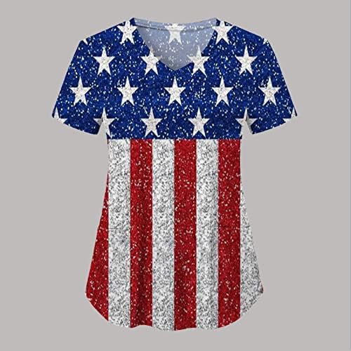 4 de julho Camisas para mulheres American Flag Summer Manga curta V-shirt pescoço com 2 bolsos Bloups Holiday Casual