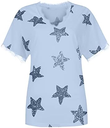 Tee gráfica feminina Tee Summer Star Star Estrela estampa de manga curta Camisetas de retalhos de renda de renda