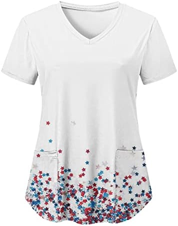 Camiseta de bandeira dos EUA para mulheres 4º de julho de verão de manga curta Camiseta em V com 2 bolsos Bloups Holiday