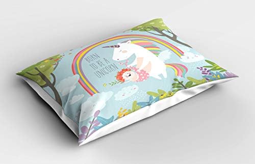 Ambesonne Cartoon Pillow Sham, nascido para ser uma letras de unicórnio ao longo de uma pequena nuvens de arco -íris, travesseiro impresso de tamanho padrão decorativo, 26 x 20, multicolor