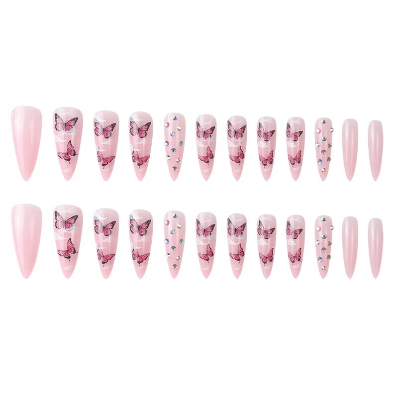 Vedar 3d shinestone butterfly projeta prensa rosa em unhas, estiletto rosa Pressione na arte da unha, rosa longas unhas falsas para