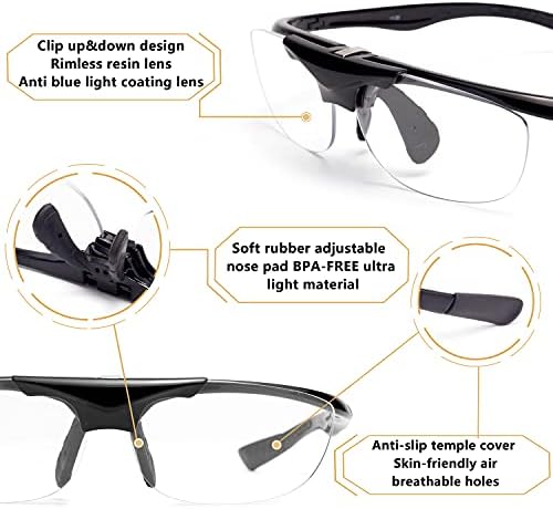 Óculos de leitura pretos de meia moldura Vire os copos de lupa próximos e distantes de duplo uso de uso azul bloqueando para