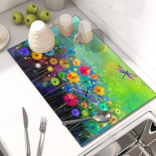 Matada de secagem de prato para balcão de cozinha, dragonfly aquarela flores de prato tapete microfibra de secagem prato