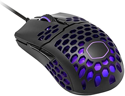 Cooler master mm711 rgb liderado pelo mouse de jogos com fio 60G com fio - sensor óptico de 16000 dpi, 20 milhões de interruptores OMRON de clique, pés de deslizamento suave PTFE e concha de favo de mel ambidestro - fosco preto fosco