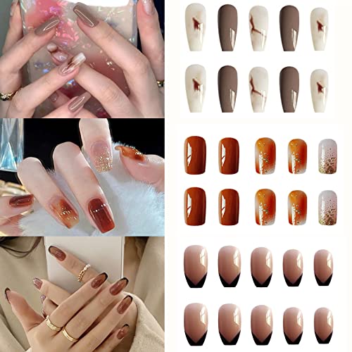 Yacca 3packs Pressione em unhas médias, unhas falsas quadradas marrons, unhas falsas francesas acrílico tampa completa em unhas