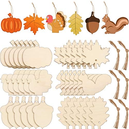 60 peças Ação de Graças Inacabado Ornamentos de madeira Maple Folhas de abóbora Corte de madeira Esquilamento Bolsa em