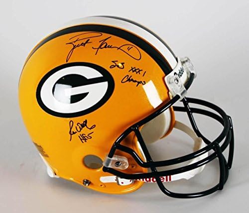 Brett Favre & Ron Wolf assinou, inscrito no capacete do estilo de jogo autêntico do Green Bay Packers XXXI - capacetes