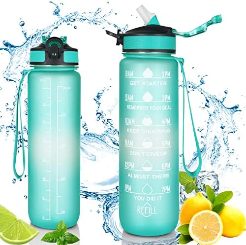 Garrafa de água esportiva com marcador de tempo, 32 oz de garrafas portáteis Tritan BPA à prova de vazamentos, certifique-se de