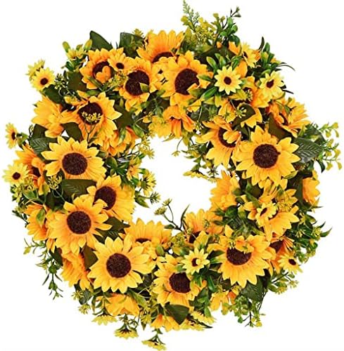 Sdfgh Girassol Summer Wreath-16 polegada Decorativa Decorativa Flinal Flor com girassol amarelo e folhas verdes