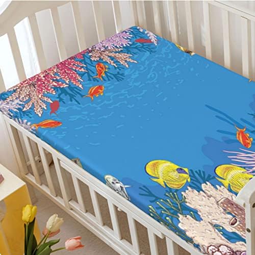 Mini-berço com tema de aquário, lençóis de berço, lençóis de berço portáteis folhas de colchão macio para meninas para meninas, 24 “x38“, azul-céu e multicolor