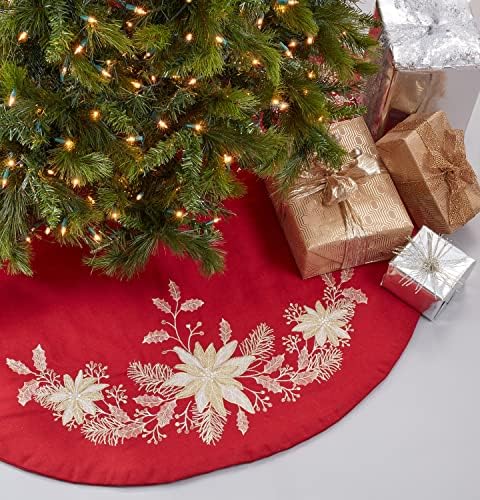 Fenco Styles Gold Bordado Bordado Holly Christmas Tree Salia 72 polegadas Rodada - Saia de árvore festiva vermelha para casa,