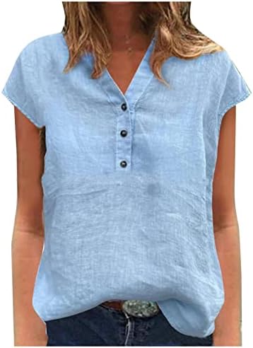 Ladies de mulheres exageradas Casual Camisa de linho de algodão Vintage Botão V Top de manga curta de algodão sólida