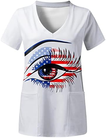 4 de julho camiseta de camiseta para mulheres bandeira dos EUA Summer Summer Manga curta camiseta em vaca em V com 2