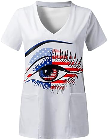 4 de julho camiseta de camiseta para mulheres bandeira dos EUA Summer Summer Manga curta camiseta em vaca em V com 2 bolsos Bloups Holiday Casual Workwear