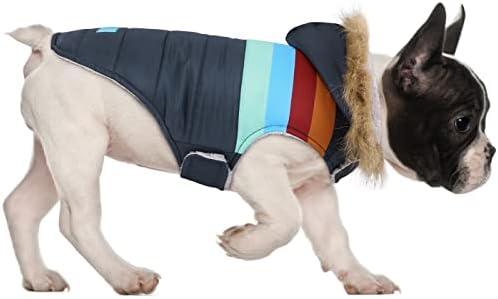 HDE Dog Puffer Jacket Fleece forred Dog Parka Winter Coast com Arness Hole Marinha Retro Stripe - S
