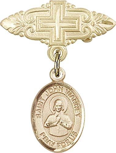 Rosgo do bebê de obsessão por jóias com o charme de St. John Vianney e o pino de crachá com cruz | Distintivo de bebê cheio