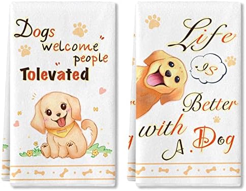 Toalhas de prato para cachorro, 2 peças toalhas de mão para toalhas de prato de cozinha, cães dão boas -vindas às pessoas
