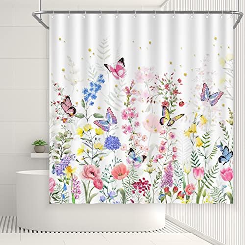 ZTHMOE PLANT FLORAL PLANTA CURTA DE TOMBRO Aquarela para banheiros Batterfly Butterfly Bathtubs de flores silvestres Decorações de casa Conjuntos de poliéster à prova d'água com 12 ganchos 72 '' x 72 ''