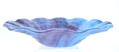 Tigela de babados azul e cranberry 10,5 polegadas de vidro fusado artesanal
