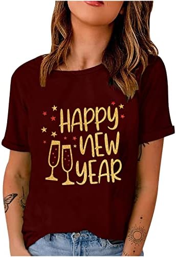 Camiseta de manga curta para mulheres feliz ano novo carta nova blusas tripula