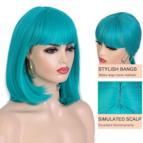 Lady Miranda Teal Blue Hair liso Bob peruca Bluish Green Bob Wigs com franja sintética Perucas completas para mulheres perucas