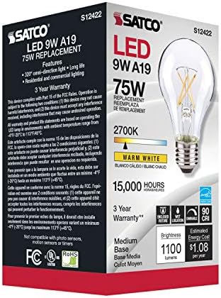 Lâmpadas de filamento de LEDs de Satco Dimmable, S12422, lúmens altos, 10,5 watts, A19; Claro; Base média; 2700k; 90 CRI;