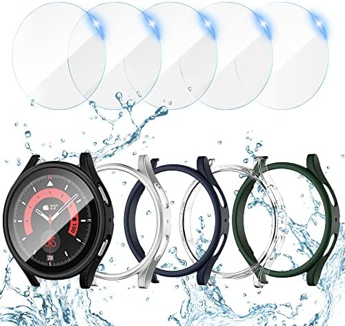 [5+5pack] Samsung Galaxy Watch 5 2022 & Watch 4 2021 Protetor de tela e caixa 44 mm, Kakufunny Anti-Fog Capa de face Filme de vidro temperado e pára-choque de proteção para PC para Galaxy Watch 44 mm, acessórios