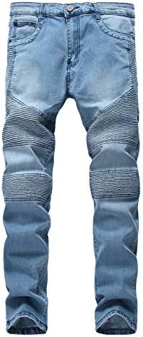 Andongnywell Men's Mid Solisted Motociclista magro jeans de jeans angustiados Slim calça jeans com zíper deco deco