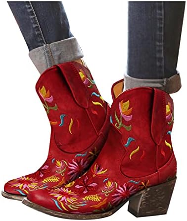 Botas de plataforma para mulheres femininas apontadas bezerro botas retro cowboy de dedão floral ocidental de pé médio de estilo bordado