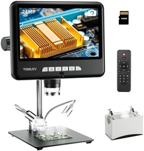 Tomlov DM402 Microscópio Digital Pro 2k 1200x, 10,1 Microscópio de moeda HDMI de 24MP com tela, luz transmitida por baixo, microscópio de solda digital LCD, 10 Stand, PC/TV Compatível, 32GB