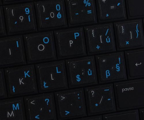 Decalques de teclado tcheco em fundo transparente com letras azuis, laranja, vermelha, branca ou amarela